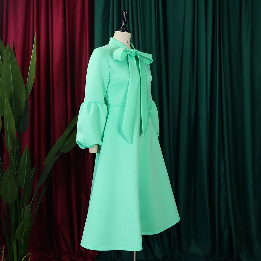 Elegant Dresses for Women Bow Collar Full Sleeve High Waisted A Line Mid Calf Luxury Female Birthday Party Dinner Vestidos Mujer