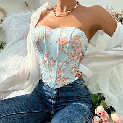 Women Floral Top Sexy Spicy Girl Tank Top Low cut Open Back Flower Wrapped Chest Diamond Fish Bone Strap Waist Vest Tank Top