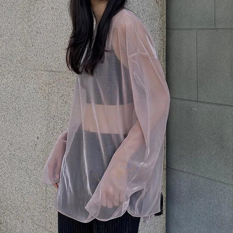 See Through T Shirts For Women Y2k Clothes Sexy Crop Tops Long Sleeve Oversized Tshirt O-Neck Club Outfit Reflective Egirl Tees