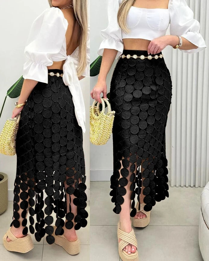 Skirts for Women 2025 Spring New Solid Color Hollow-Out Boho Tassel Slim Fit Bodycon High Waist Casual Daily Long Skirt