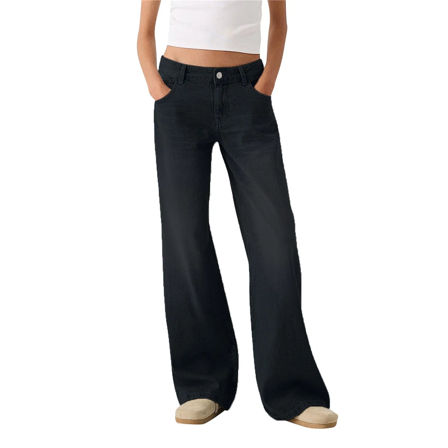 Women Fashion Denim Jeans Retro Ladies Loose Straight Pants Mid Waist Button Pocket Trousers Casual De Mujer Pantalon Femme