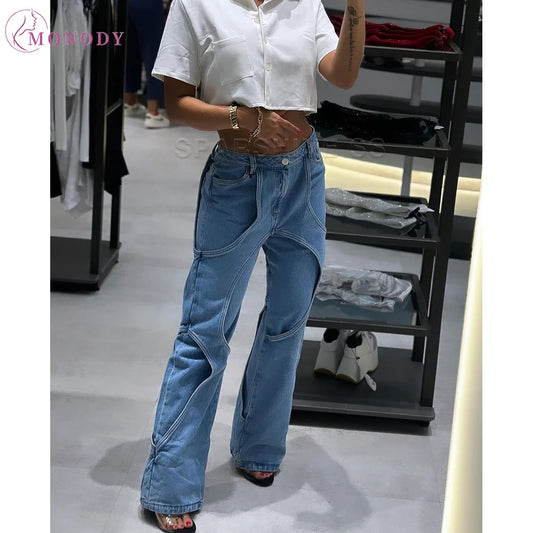 Women's Unique High Waist Vintage Streetwear Baggy Patchwork Design Jeans Casual Daily Slimming Pants High Quality Trousers