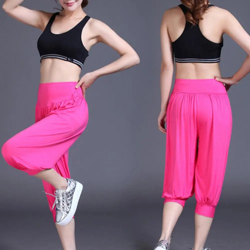 Summer Women Yoga Pants Modal Solid Color Yoga Cropped Pants Wide Elastic Waistband Dance Performance Wide Leg Pants Bloomers