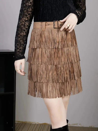 Women Skirt Fashion 2025 New Autumn High Waist Belt Multi Layer Short  Heavy Drilling Rhinestones Fringed Skirt with Cake A Line