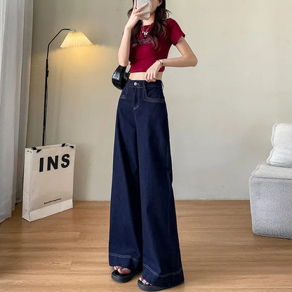 Women's New Jeans Dark Blue Wide Leg Loose Jeans Female Spring and Fall New High-Waisted Loose Straight Jeans Wide Leg Pants
