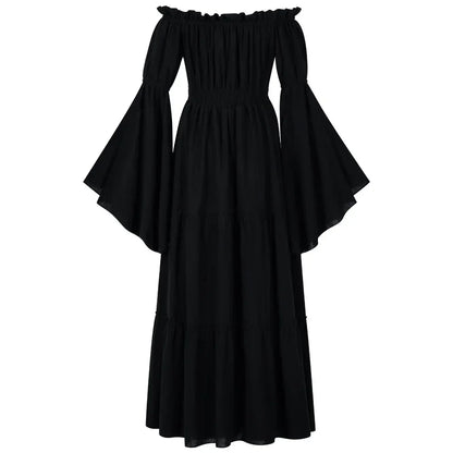 Women Renaissance Irish Dress Off Shoulder Medieval Peasant Dress Pirate Costume Wench Retro Gown Smocked Waist Maxi Long Dress