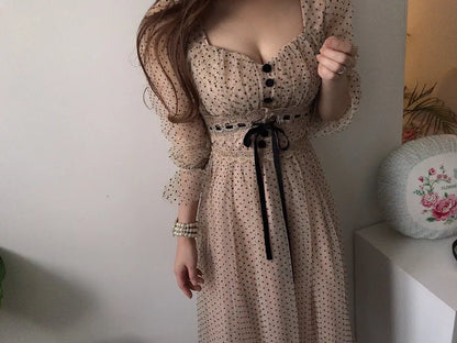 Women Clothing Vestidos Vintage Dress Elegant Square Neck High Waisted Lace Organza Polka Dot Dresses Chic Summer 2025 Slim