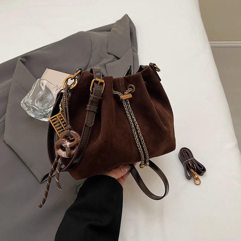 Women Vintage One Shoulder Bag Frosted Solid Drawstring Soft All-Match Bucket Bags High-Grade Versatile Commute Crossbody Packs