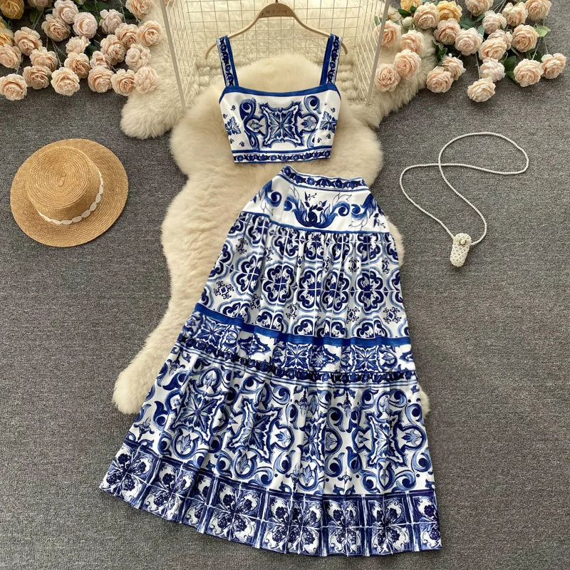 Women's Skirt Set Summer New Fashion Elegant Two-Piece Dress Set Temperament Commuting Long Sleeves Loose Print Skirt Set
