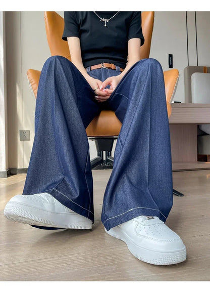 Women's Casual Basic Style Tencel Soft Ice Silk High Waisted Straight Jeans Female Commute Wide-Leg Light Blue Jeans