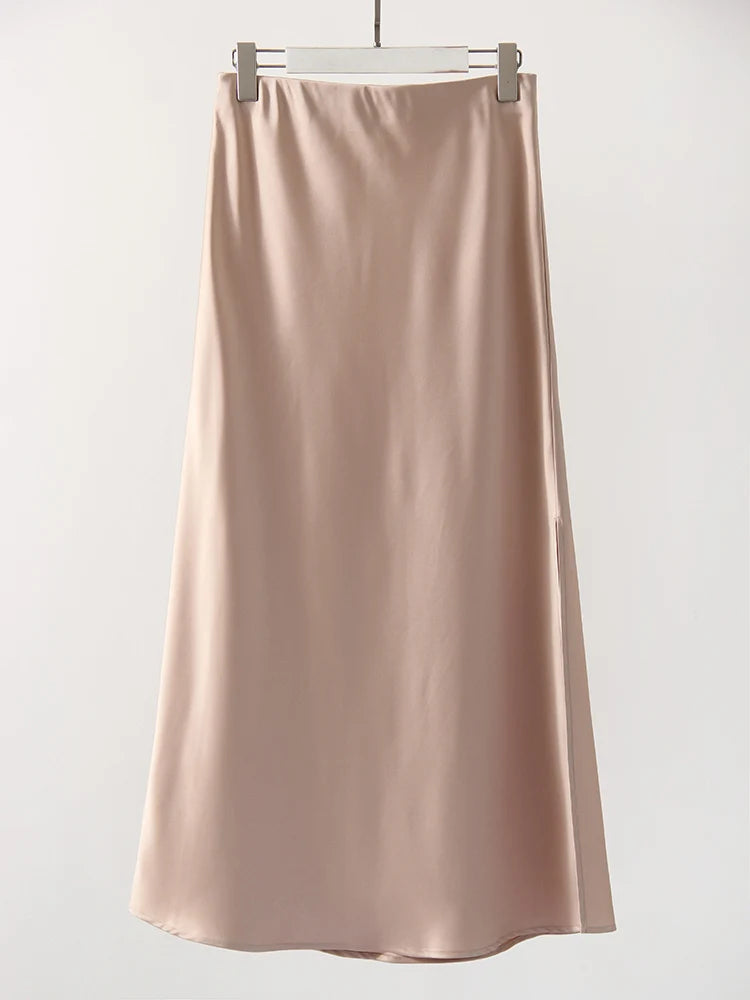 Long Satin Skirts For Women Summer High Quality Skirt With Slit On The Side Silk Elegant Black Maxi Luxury Women's Skirts 2025