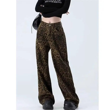Women's leopard print jeans autumn and winter fashionable versatile loose retro casual pants straight leg wide leg pants