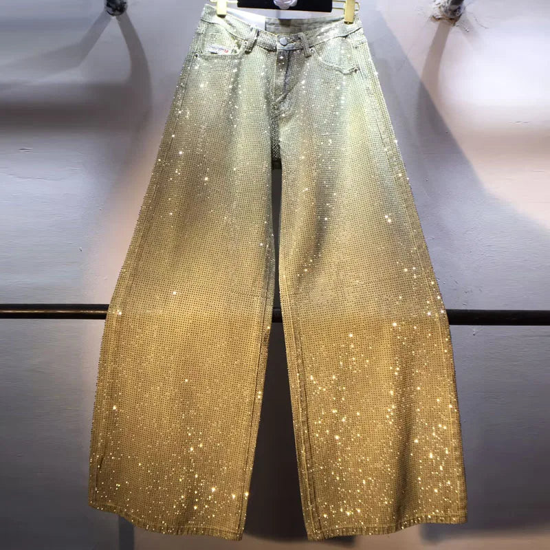 European Jeans, 2025 Spring Clothing New Heavy Industry Full Body Hot Diamond High Waist Skinny Wide Leg Straight Jeans Women