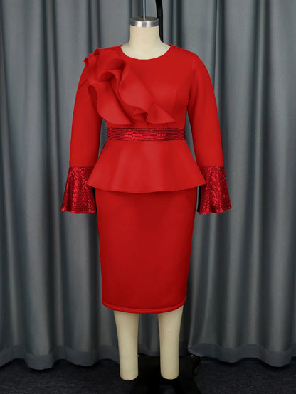 Church Dresses for Women Elegant Ruffles Long Flare Sleeves Sequined Party Bodycon Peplum Classy Occasion African Wedding Guest