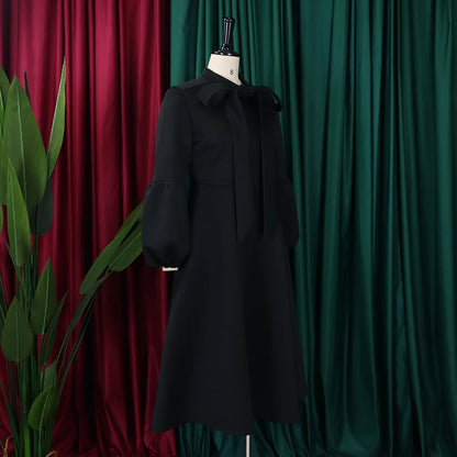 Elegant Dresses for Women Bow Collar Full Sleeve High Waisted A Line Mid Calf Luxury Female Birthday Party Dinner Vestidos Mujer