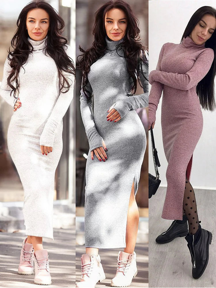 Women Elegant Turtleneck Long Dresses Fashionable Solid Color Long Dresses Slim Fit Sexy Bottom Slit Skirts Spring Autumn New