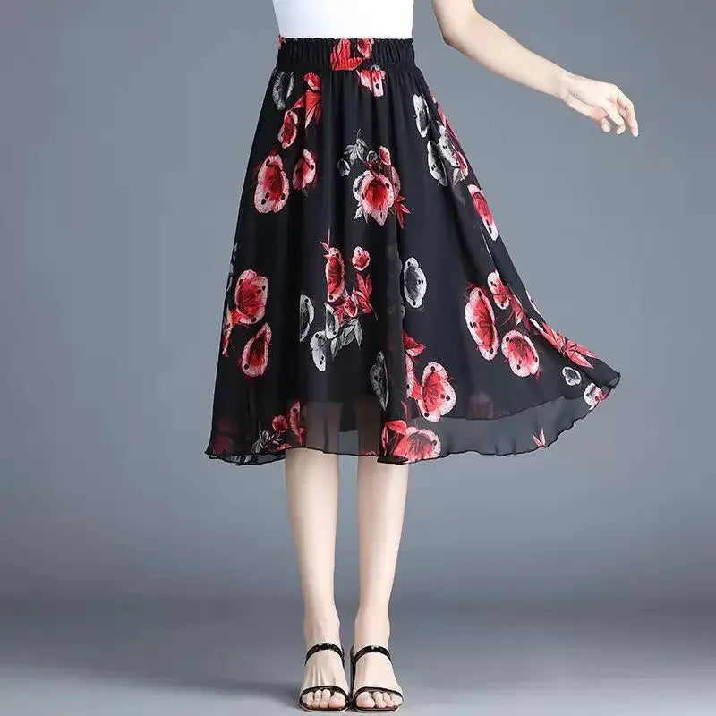Skirts for Women Chiffon Woman Skirt Floral Midi Summer Casual New In Clothing Sales Modest Luxury Elegant High Quality V Cheap