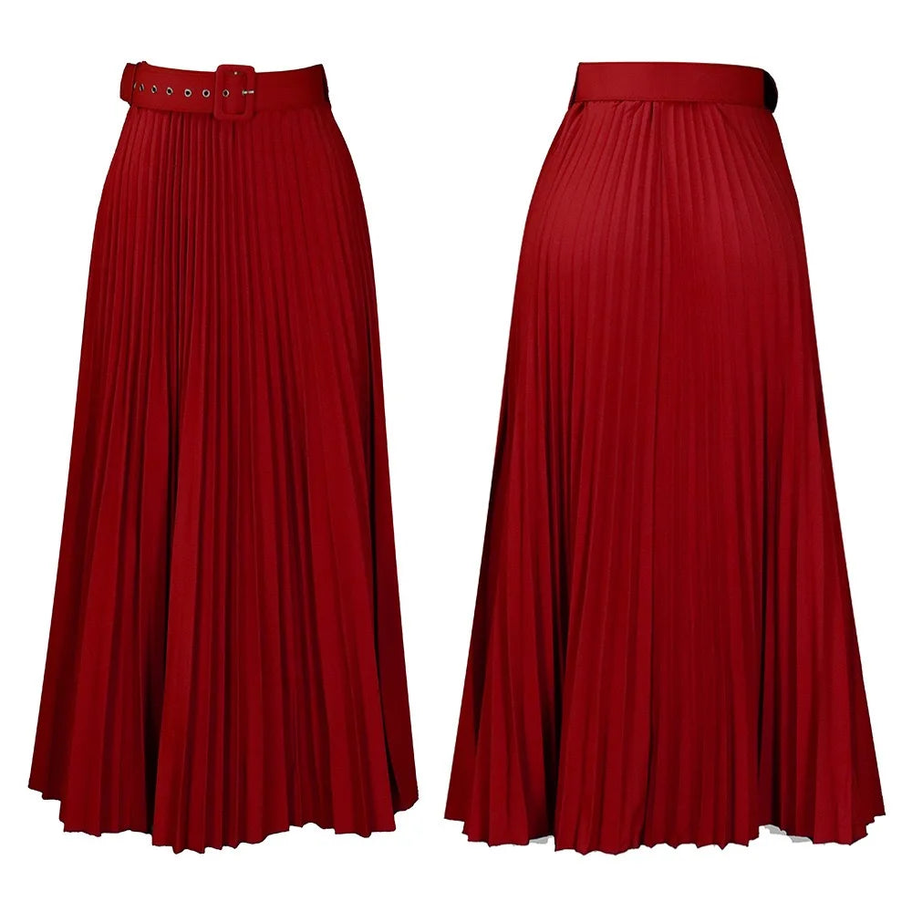 Elegant Pleated Skirts for Woman 2024 New High Waisted Belt Waisted Ankle Length Autumn Winter Wear Bottoms Skirts Clothes Hot