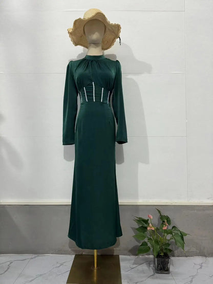 Women Muslim Dresses Slim Party Evening Dress Long Sleeve Pleated Lace-up Irregular Robe Maxi Dress Dubai Abaya Elegant Vestidos