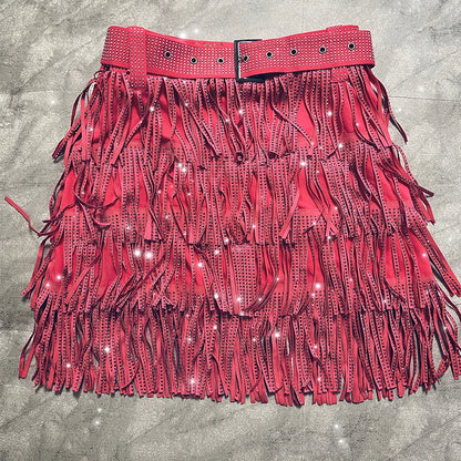 Women Skirt Fashion 2025 New Autumn High Waist Belt Multi Layer Short  Heavy Drilling Rhinestones Fringed Skirt with Cake A Line