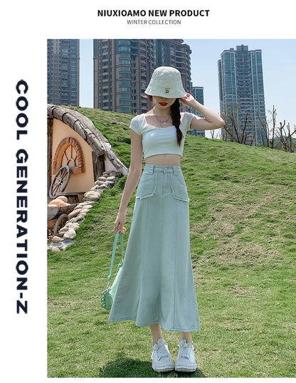 Apricot Denim Skirt Summer Women's 2024 New High Waist Slim Fashion Design Pocket Hip A-line Ankle-length Jean Skirt