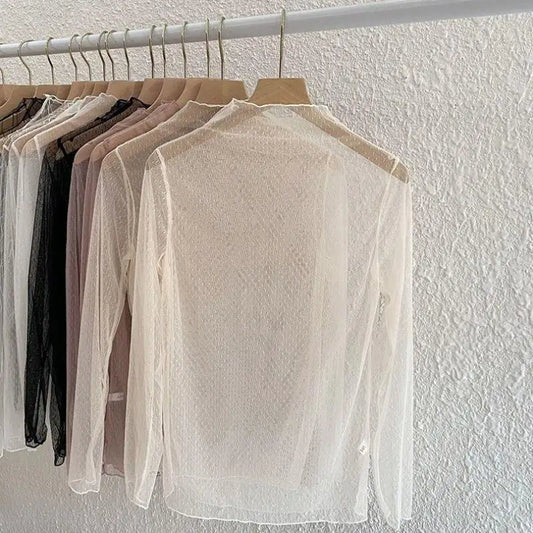 Sexy See Through Tops Women Transparent Slim Bottomg Lace Long Sleeved Tops Beige Black White Pink Lace Mesh Tees T-Shirt Tulles