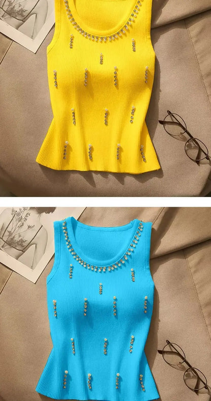 2025 New Women Vest Top Design Heavy Beads Diamonds Slim Vest Coat New Ice Silk Knitted Camisole Undershirt Women's Tops Summer