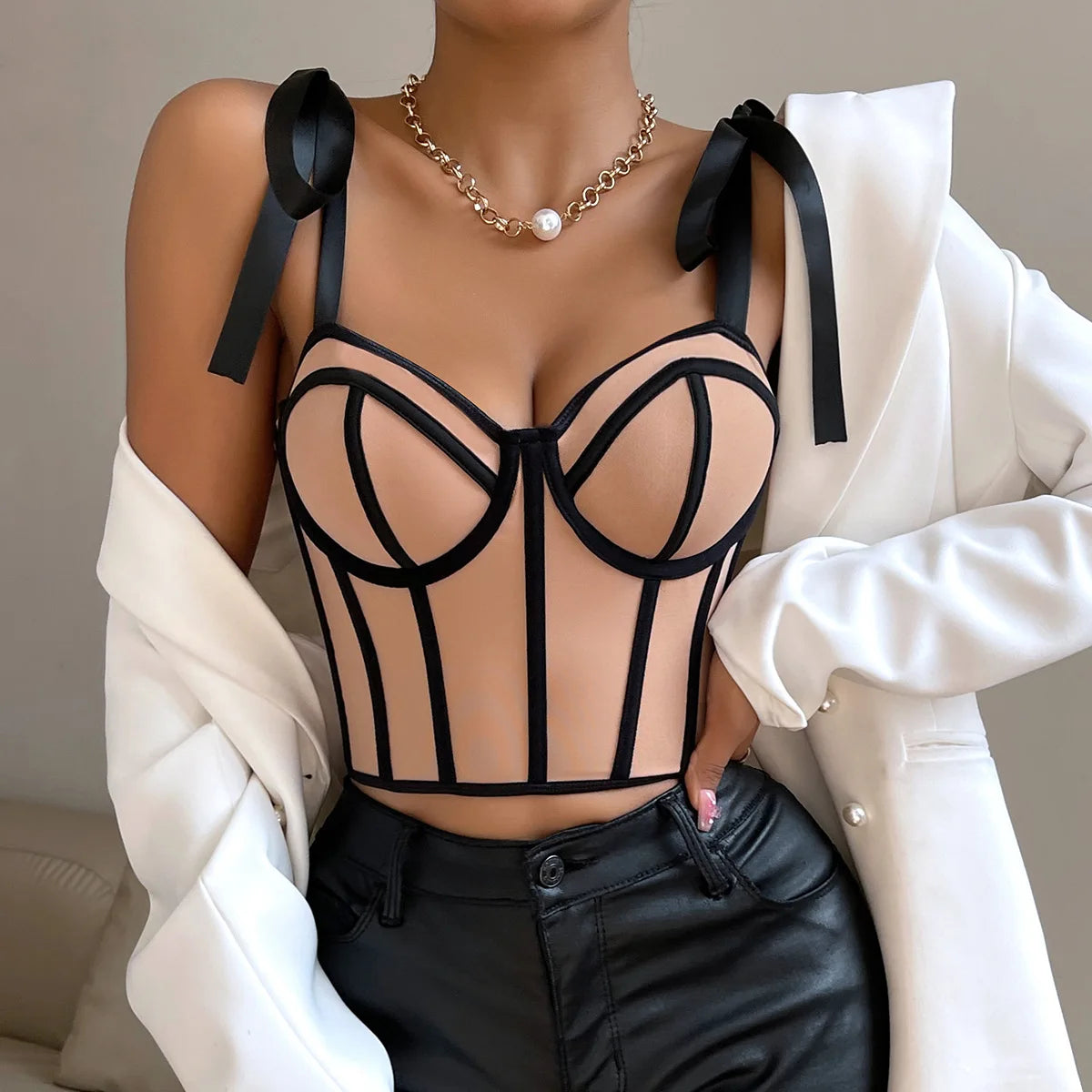 Woman Clothing Top Women T-shirt Tank Top Female Clothes Tops Tanks Camis Crop Top Y2K Sexy Ribbon Tie-Up Fishbone Camisole