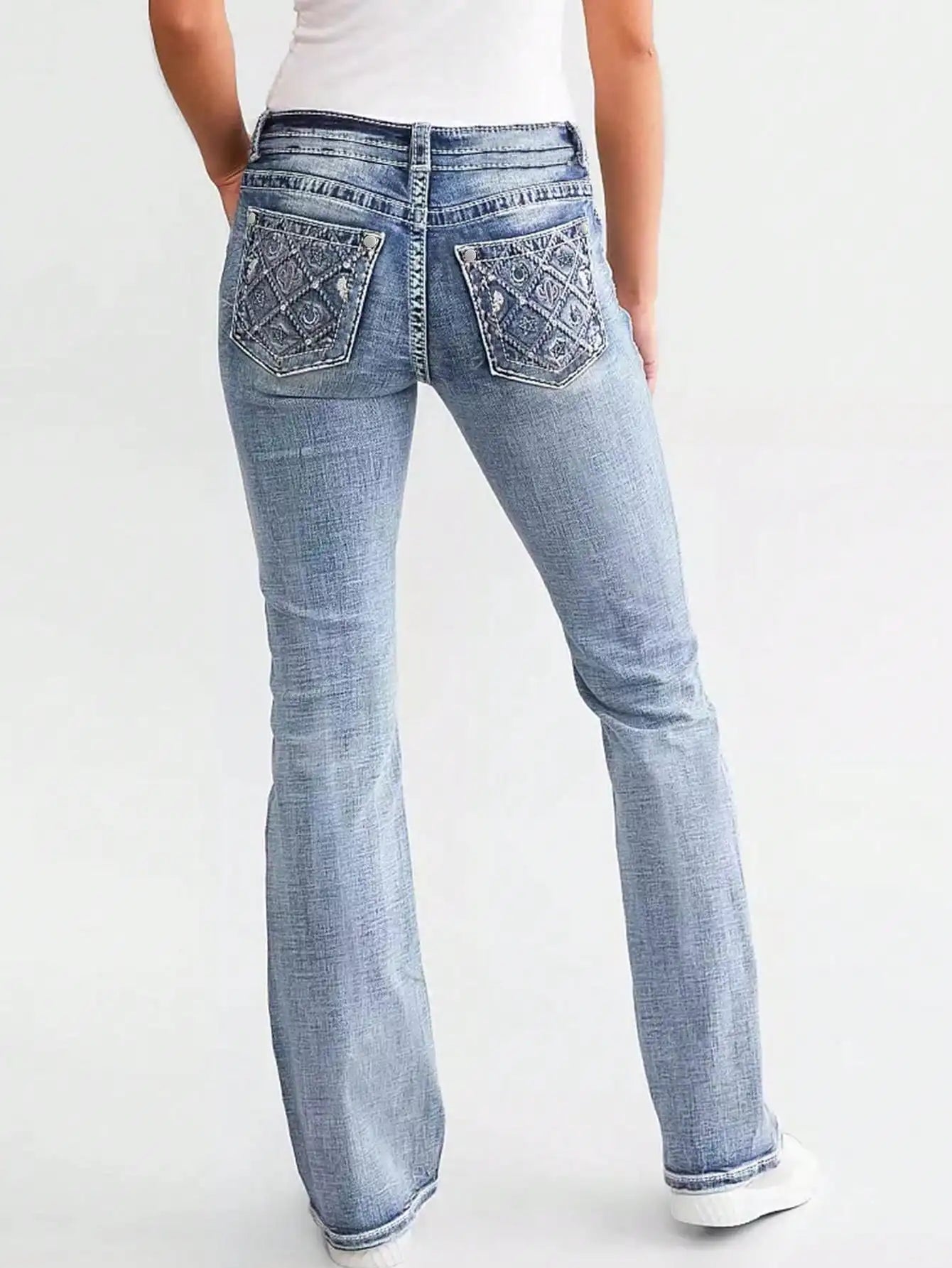New women's embroidered jeans fashionable double waist washed bootcut pants