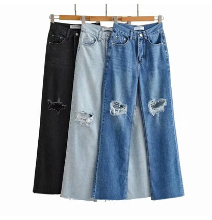 MiuKoMiYa Ripped Jeans For Women 2023 Streetwear Straight Denim Pants High Waist Long Denim Trousers Women Hollow Out Jeans