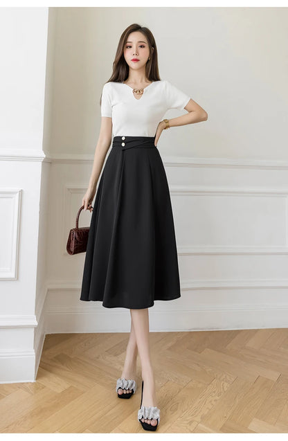 Women's Skirts High Waist Sweet Girl's Mid-calf Skirt Solid Skirts for Women Vintage Long Fashion 2023 Kawaii Summer Women Skirt