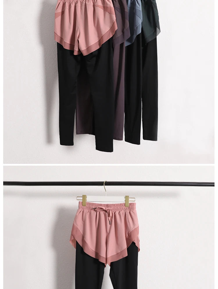 Stretch Autumn Sports Pants Women Two Pieces Fitness Yoga Pants and Shorts With Inner Phone Pocket 2 in 1 Yoga Pants