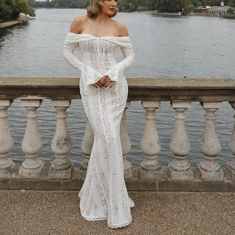 Women's Dresses New Sexy One-word Shoulder Lace Temperament Tube Top Long Dress Slim Fishtail Dress for Women