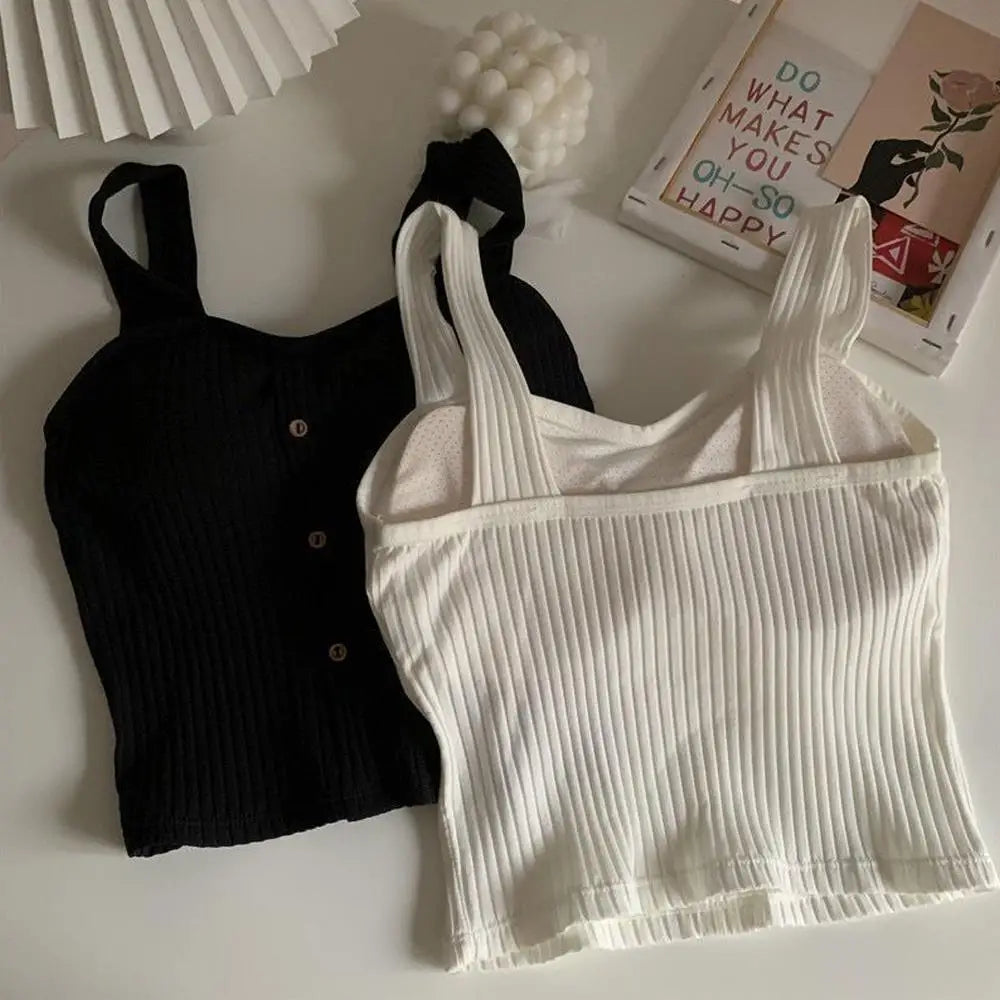 Women's Ribbed Tank Tops Y2K Cropped Tops with Bra Pads Knitted Button Down Suspenders Vest Sexy Camisole Female Short Tops