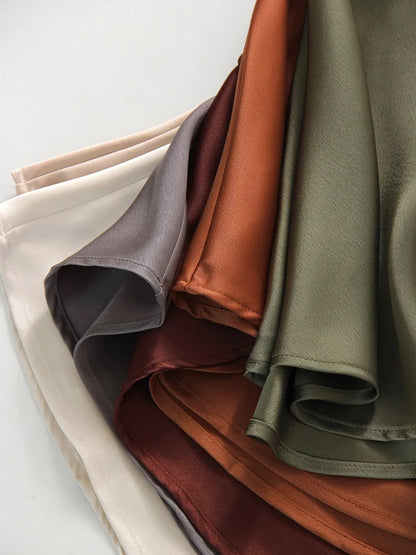 Long Black Satin Skirts Women For Work Summer Autumn Straight Brown Skirt Long Belt Coffee Formal Silk Maxi Skirt For Ladies