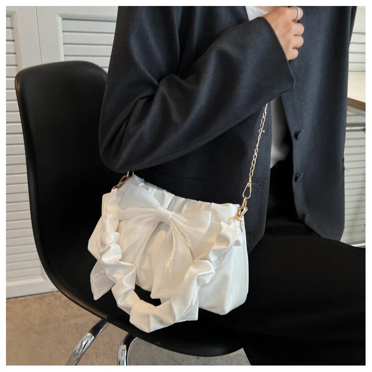 Fashion Casual Handbags For Women Cute Bow Black White Blue Kahki PU Handbags Trendy Daily Shoulder Underarm Bags bolsa feminina