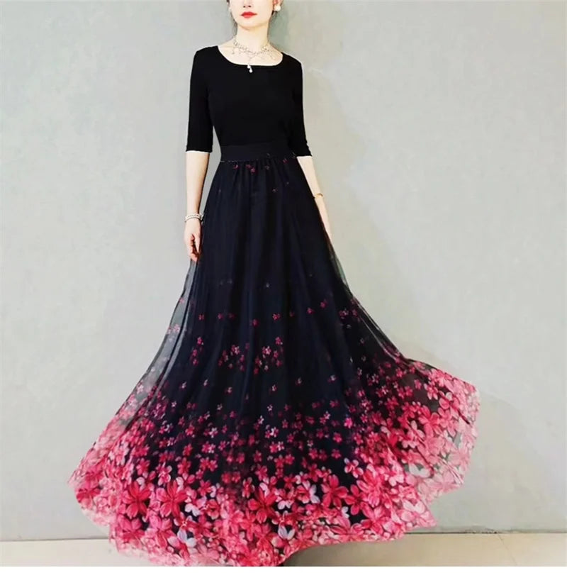 Skirt Women's Long Skirt 2024 New High Waist Slim A-line large Swing Skirt Female A-Line Skirts Summer Sakura Gradient Long Skir