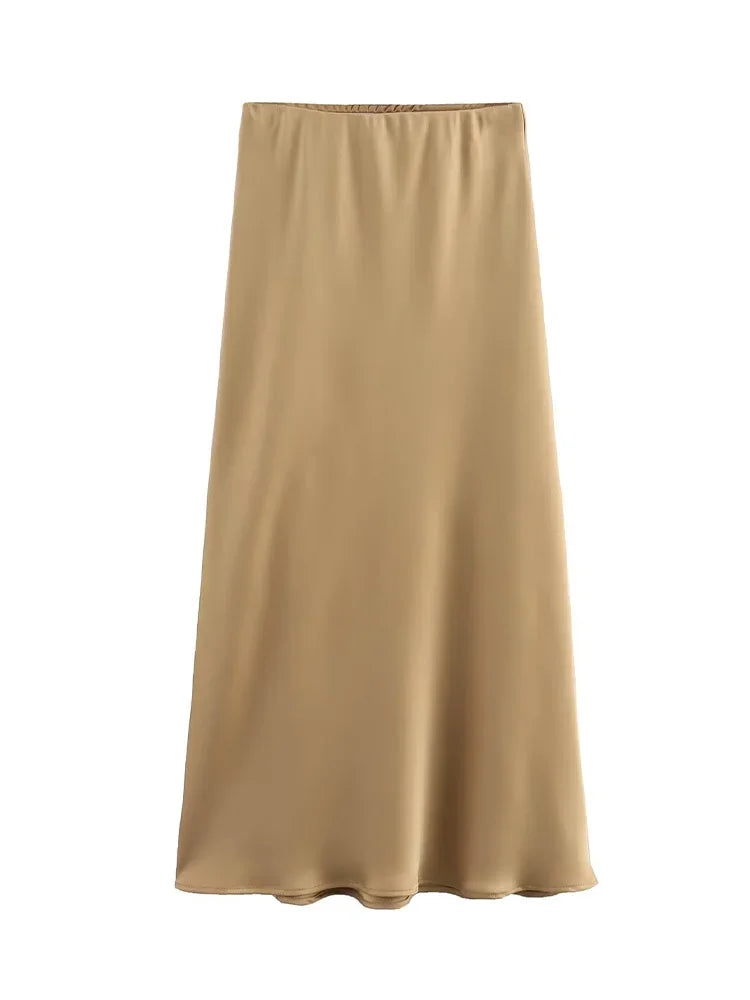 Willshela 2024 Black Satin Skirt Woman High Waist Elegant Long Skirts For Women Fashion Summer Midi Skirt Office Women's Skirts