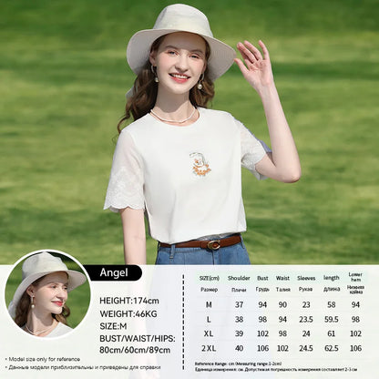 I BELIEVE YOU Top For Women 2025 New Summer T-shirt White O-Neck Studded Beads Embroidery Splicing Commuting T-shirt 2252016014