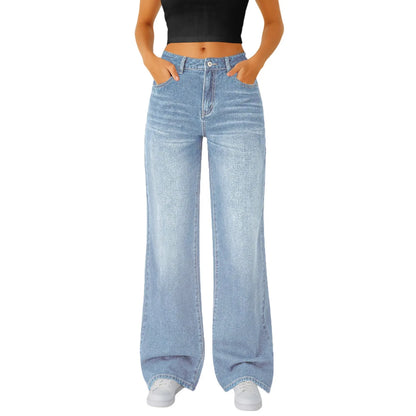 Jeans Women Straight Long Pants Casual Floor Length Mom Pant Blue High Waist Elegant Zipper Fly Pockets Slim Y2k Denim Trousers