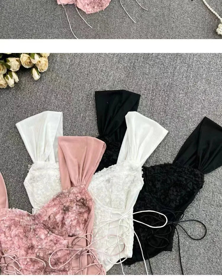 Women Corset Top Y2K Clothes Lolita Ruffles Flower Lace Tank Top Summer French Tube Tops Cute Clothes Pink Crop Tops
