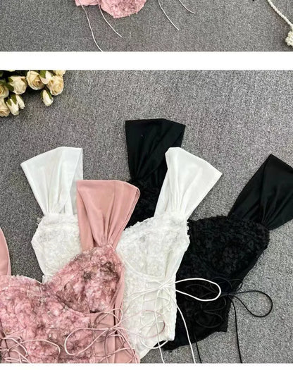 Women Corset Top Y2K Clothes Lolita Ruffles Flower Lace Tank Top Summer French Tube Tops Cute Clothes Pink Crop Tops