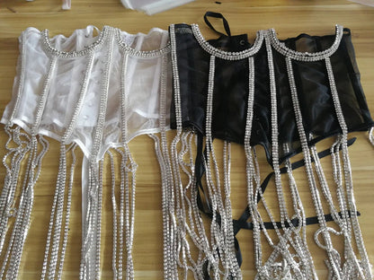 Women Tunic Bras In Waist Corset Tops Fashion Diamond Luxury Diamond Tassel Corset Slim Vest Sexy Tmesh Sheer Top Female 2025