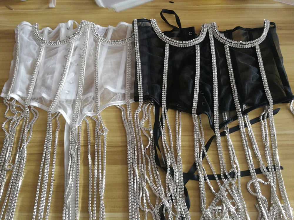 Women Tunic Bras In Waist Corset Tops Fashion Diamond Luxury Diamond Tassel Corset Slim Vest Sexy Tmesh Sheer Top Female 2025