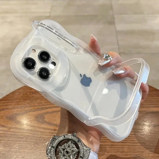 2IN1 Folding Stand Wave Clear Phone Case For iPhone 16 15 11 12 13 14 Pro Max X XR Fashion 3D Curly Shockproof Protective Cover