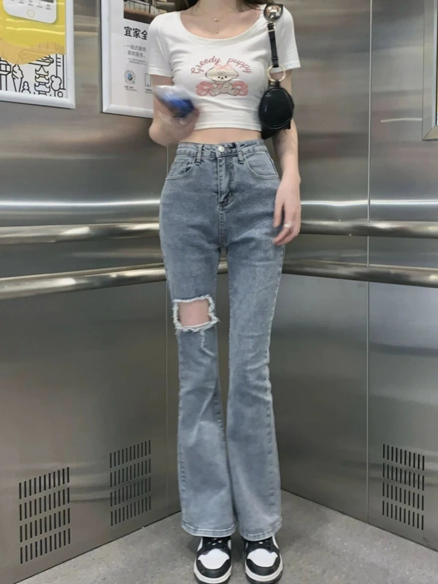 Denim Pants for Women Blue Womens Ripped Jeans Slim Fit Straight Leg Bell Bottom Trousers Original Emo Wholesale Stylish Wide A