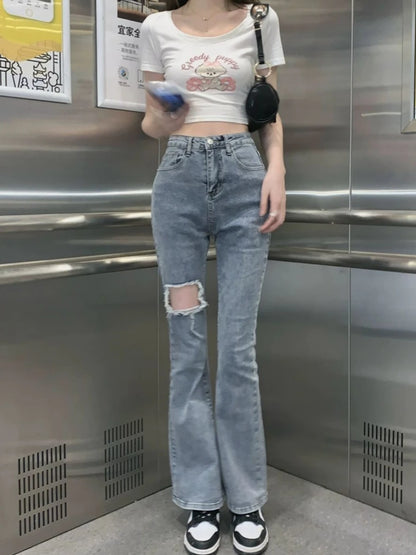 Denim Pants for Women Blue Womens Ripped Jeans Slim Fit Straight Leg Bell Bottom Trousers Original Emo Wholesale Stylish Wide A