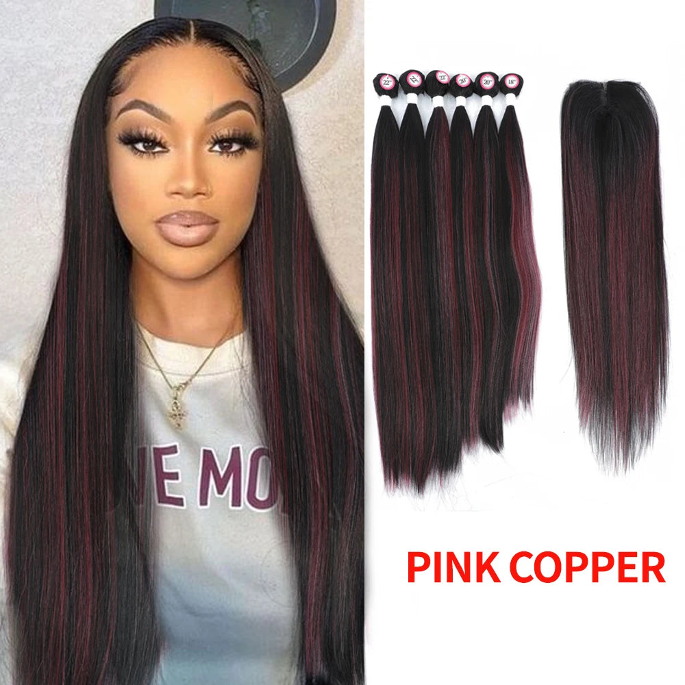 Synthetic Hair Weaving Bundles with 4*4 Clousure Lace Frontal Ombre Wig Natural Wave Straight Hair Extensions Soku Hair Weave