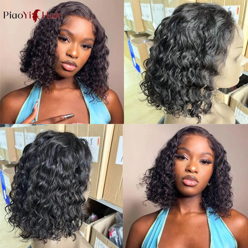 Glueless Wig Human Hair Water Wave Bob Wig Human Hair 14Inch Ready to Wear Curly Wave Wigs 200% Density 4X4 Lace Bob Top Quality