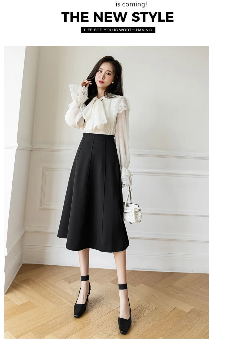 Women's Skirt 2025 Spring Women High Waist Solid Vintage Girl's Waist Down Skirt Knee-length A-line Fashion Thin Skirt for Women